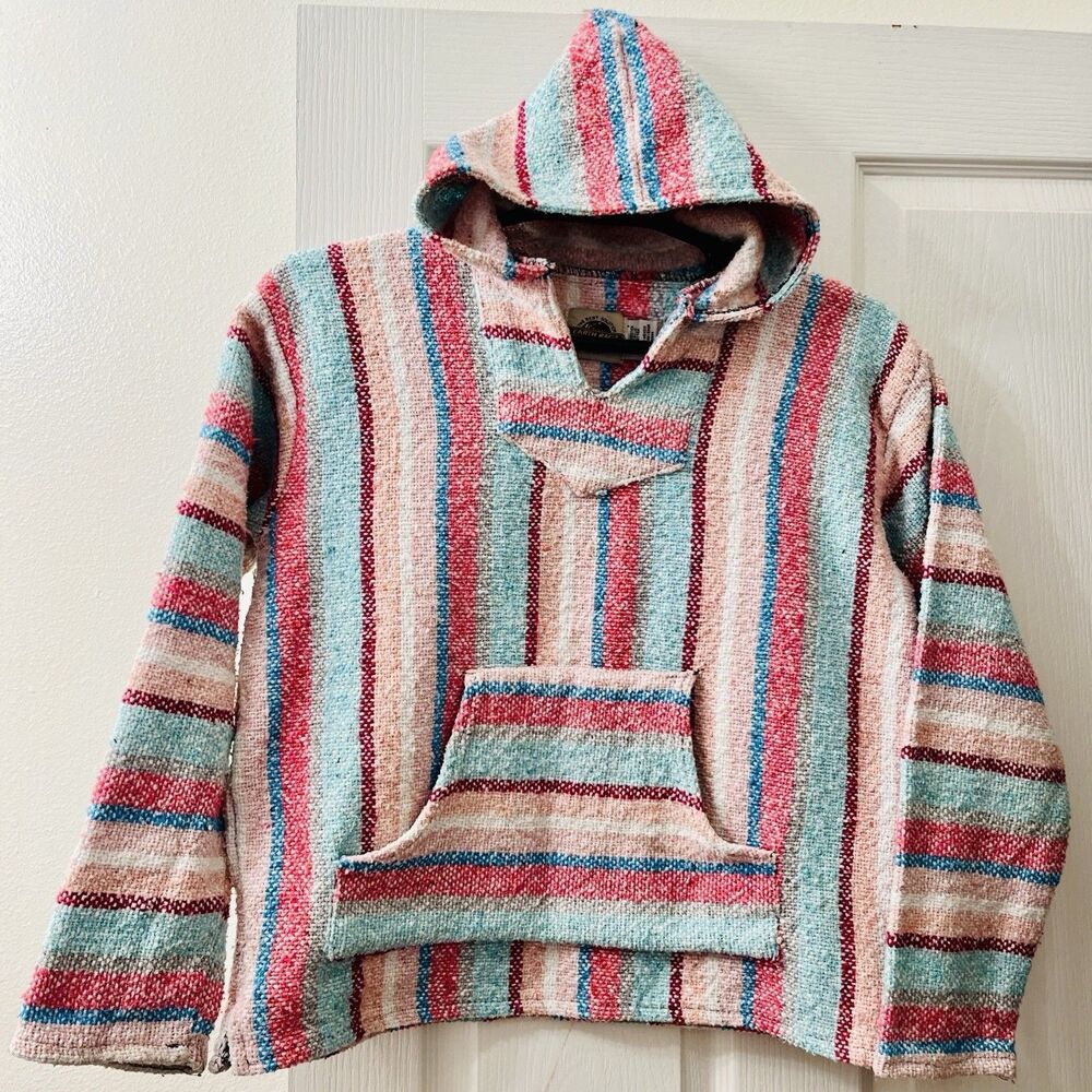 Earth Ragz Pink Blue Women M Striped Pullover Drug Rug Hoodie Skater Surfer‎ 90s